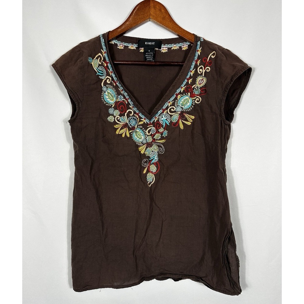 Y2K Brown Bohemian Fairy Floral Embroidered Beaded Top L 100% Cotton Cottagecore